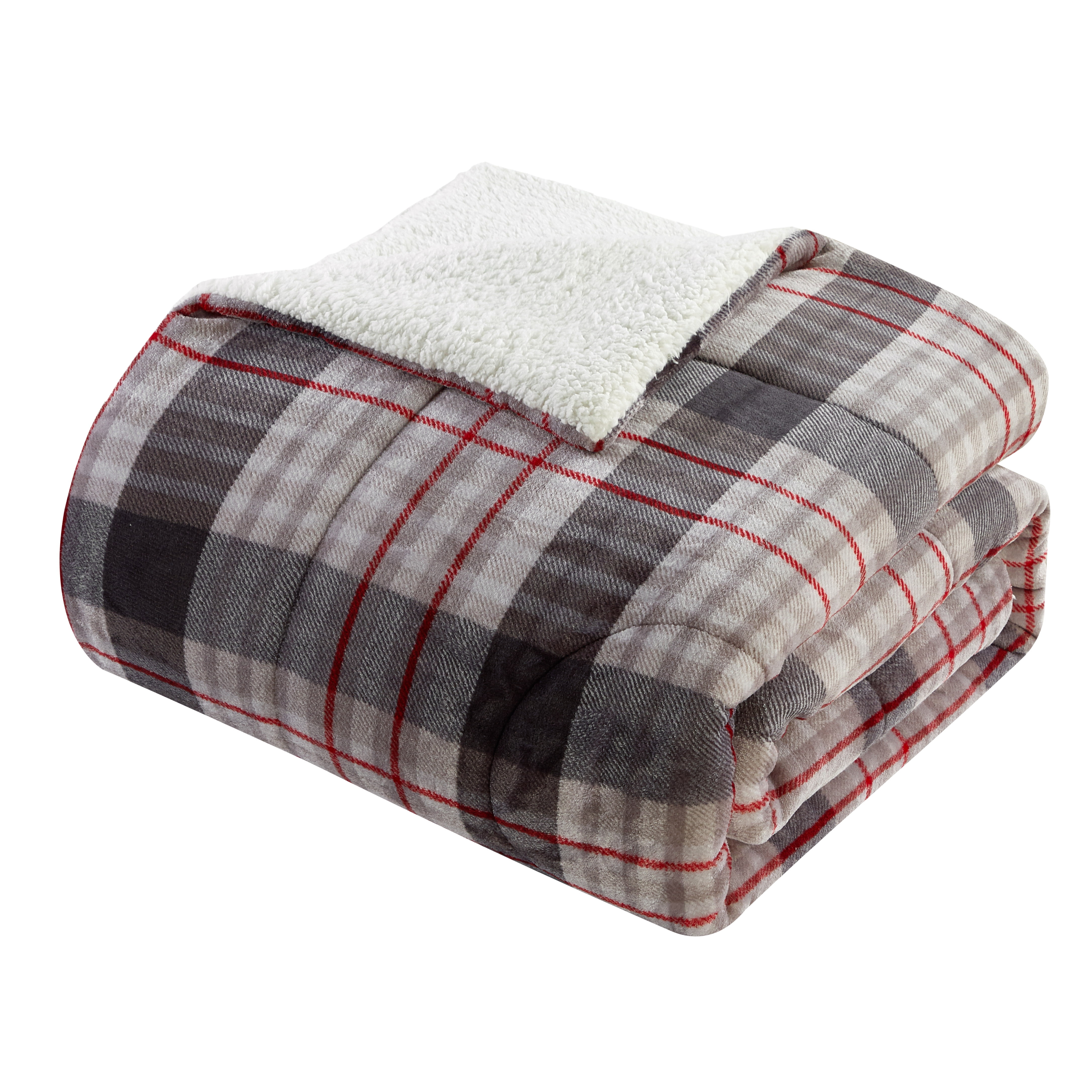 Dearfoams 3 Piece Plush Reversible Comforter Set, Queen, Ivory Plaid