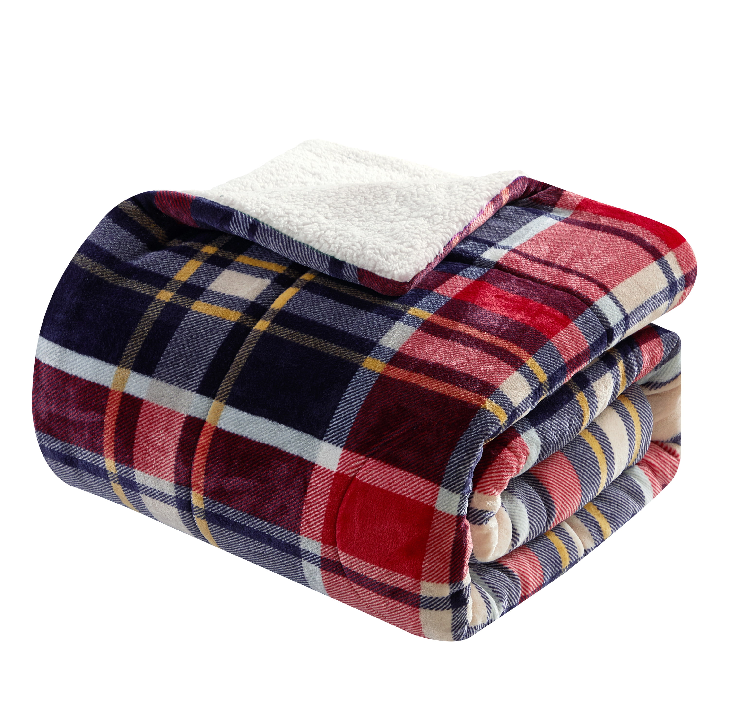 Dearfoams 3 Piece Plush Reversible Comforter Set, Queen, Red/Blue Plaid