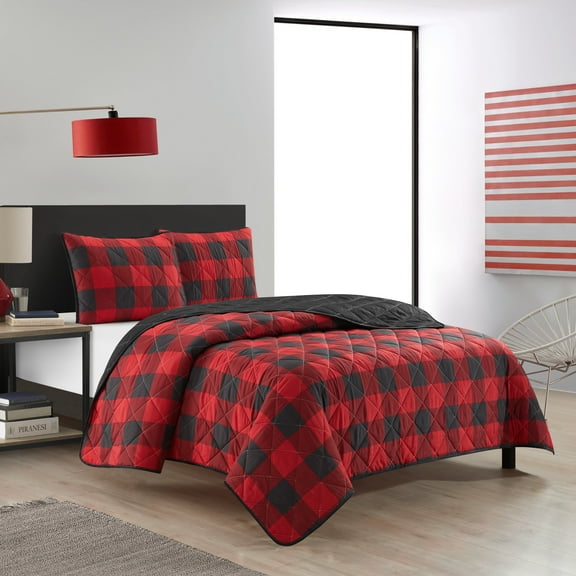 Dearfoams Super Soft Red and Black Diamond Stitching Checkered Quilt Set, Full/Queen