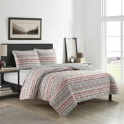 Dearfoams Super Soft Red Grey Diamond Stitching Reindeer Quilt Set, Full/Queen