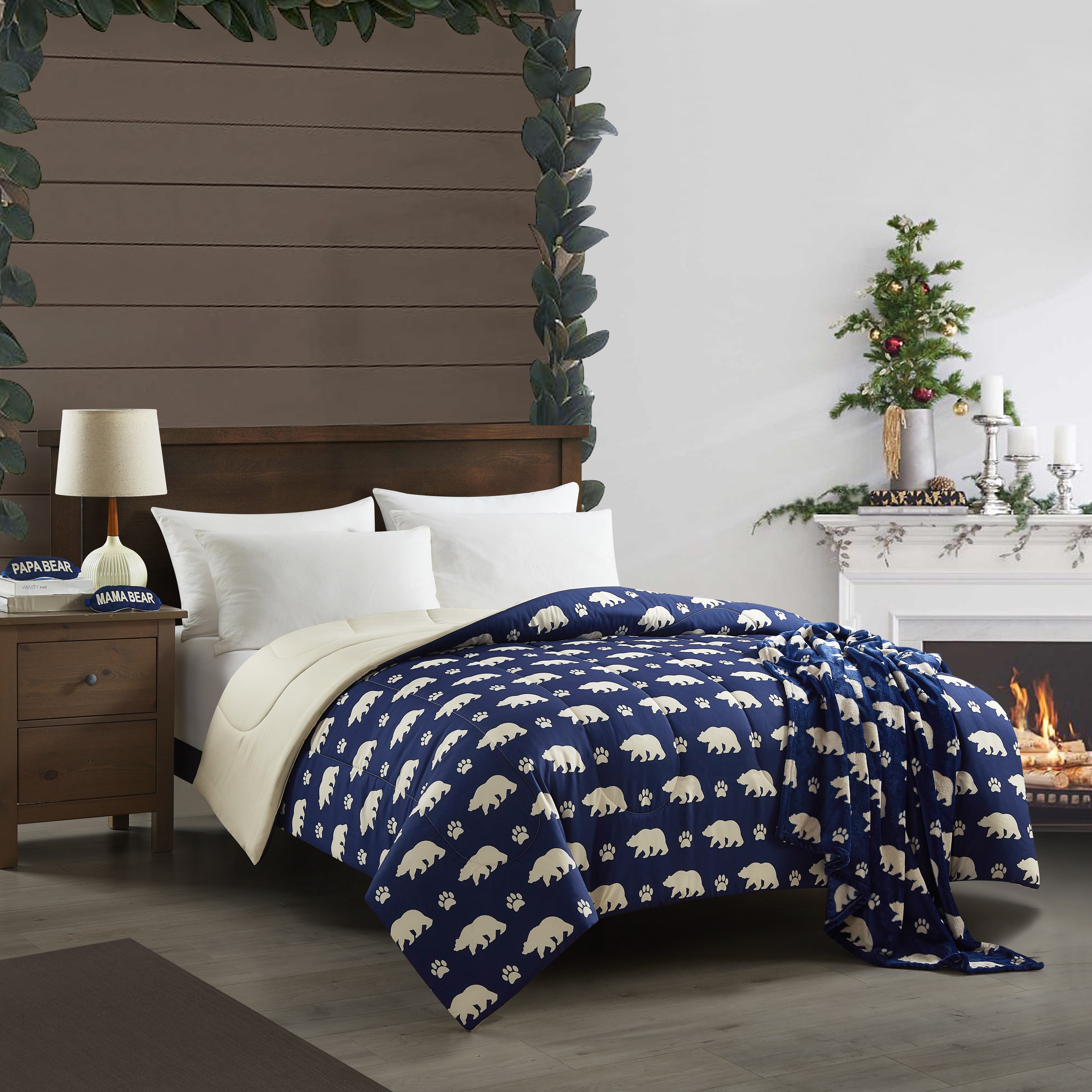 Dearfoams 4-Piece Plush Navy Bear Print Polyester Fill Comforter Set, Includes a Throw and Two Eyemasks, Queen