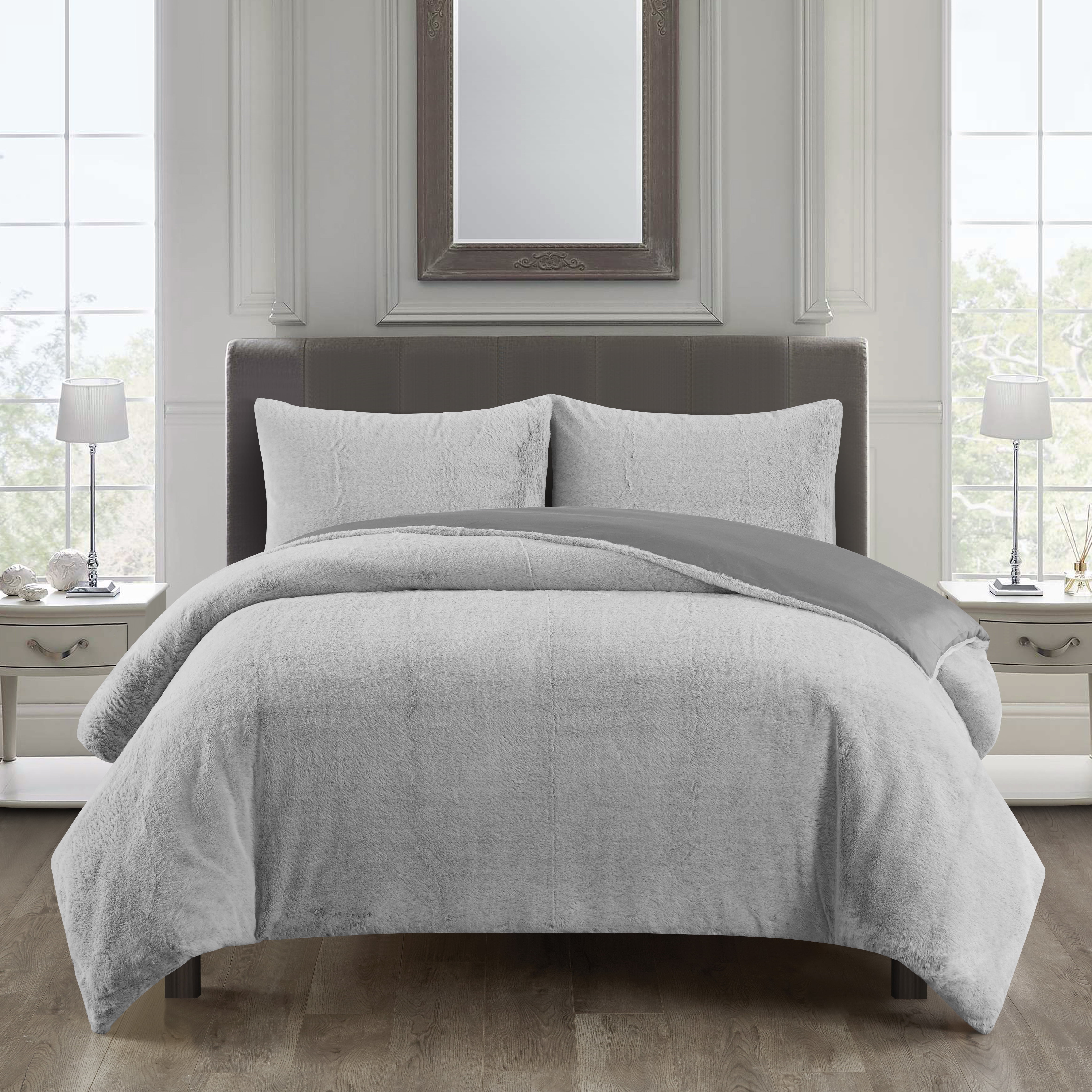 Dearfoams Back Dye Faux Rabbit Fur 3-Piece Grey Duvet Set for Teens Adults Seniors, King