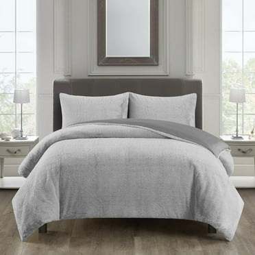 Dearfoams Back Dye Faux Rabbit Fur 3-Piece Grey Polyester Fill Duvet Set for Teens Adults Seniors, Queen