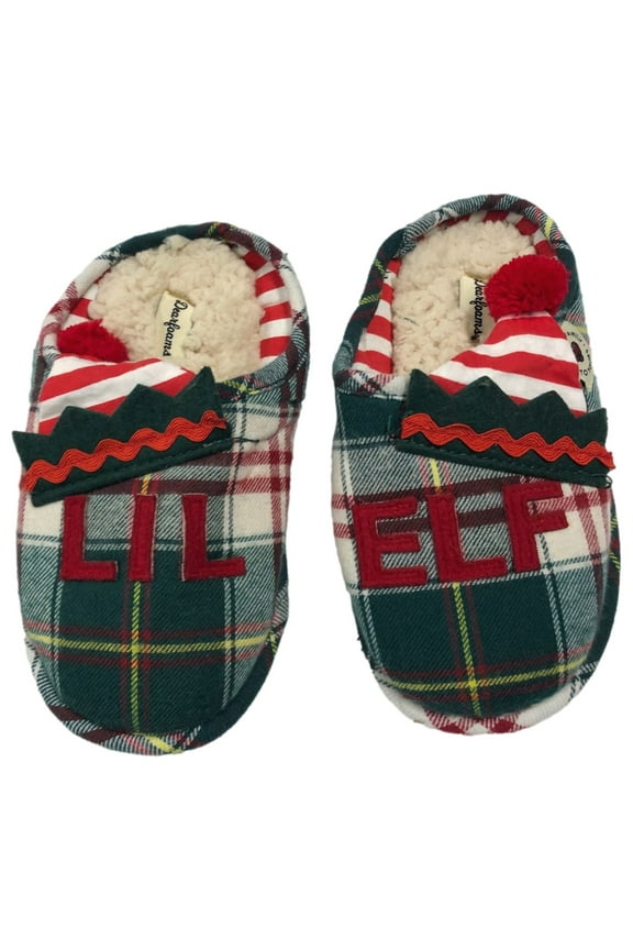 Boys Green Plaid Lil Elf Christmas Holiday Slippers House Shoes 13-1