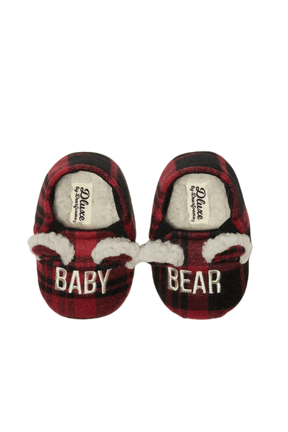 Dearfoams Cozy Baby Bear Black & Red Plaid Closed Back Slippers Size 9/12
