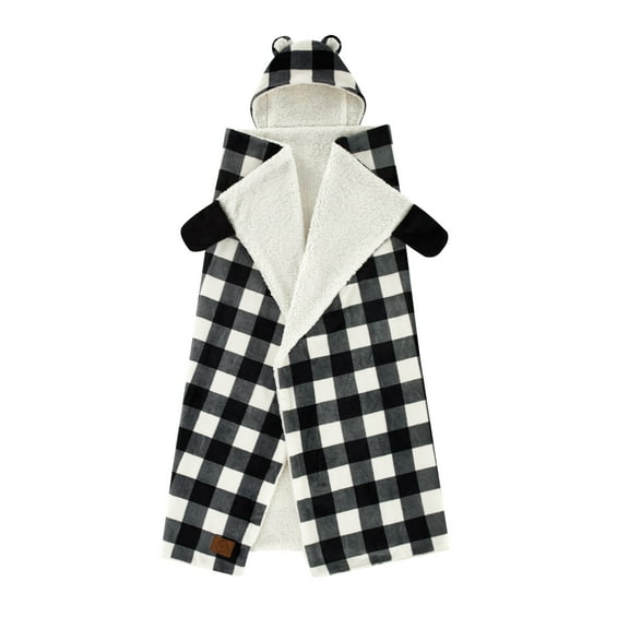 Dearfoams Farmhouse Plaid Buffalo Check Printed Royal Plush with Sherpa reverse Adult Hooded Throw, 50"x60"