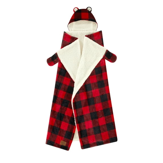 Dearfoams Hooded Plush Polyester Throw with Sherpa Reverse, Buffalo Plaid, Black and Red, 50" x 60"