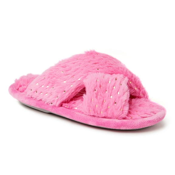 Dearfoams Kid's Girls Ava Crisscross Fuzzy Sparkle Slide Slipper