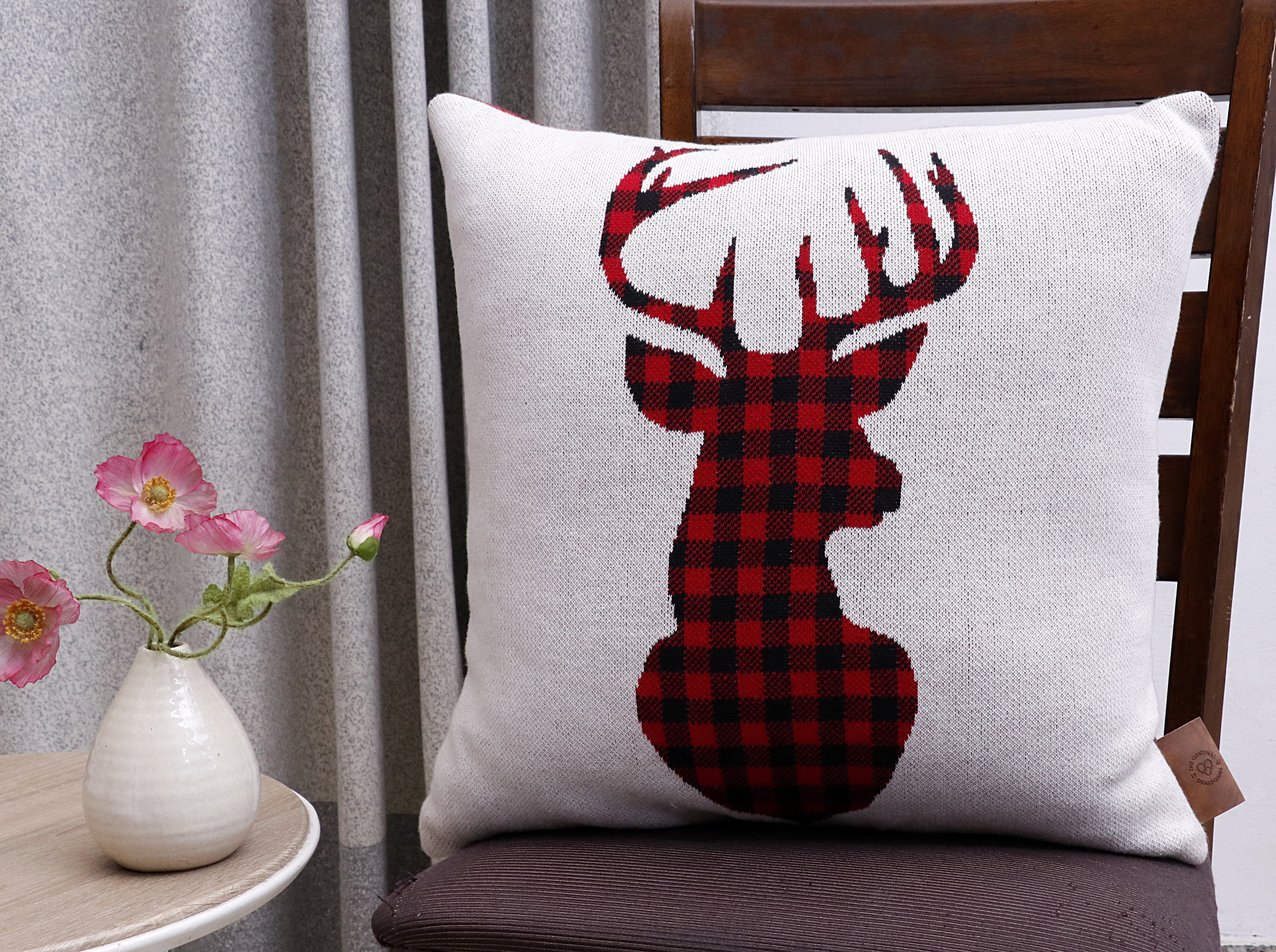 Dearfoams Knit Dear Plaid Pillow, 20'' x 20'', Red Plaid Deer