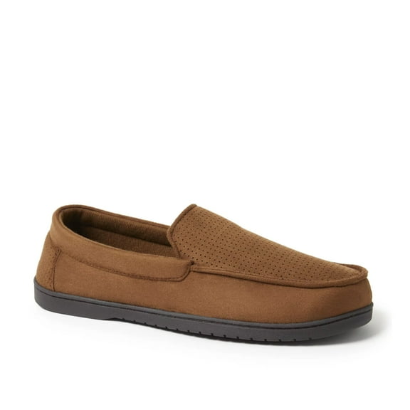 Dearfoams Men's Jason Perforated Microsuede Memory Foam Indoor Outdoor Moccasin Slippers-Brown / S