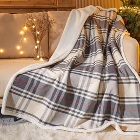 Dearfoams Polycotton Woven Grey Plaid with Solid Sherpa Reverse Throw, 50" x 60" inches,
