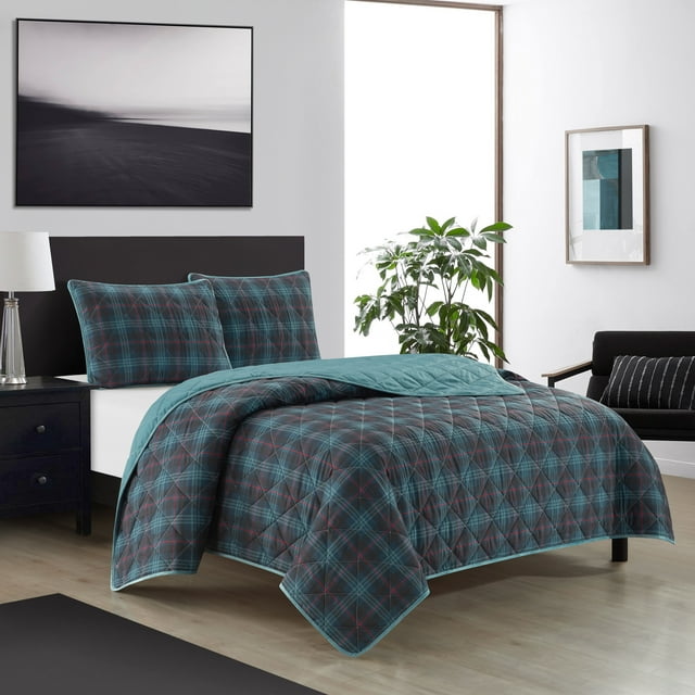 Dearfoams 3Piece Blue and Red Plaid Quilt Set for Teens Adults Seniors