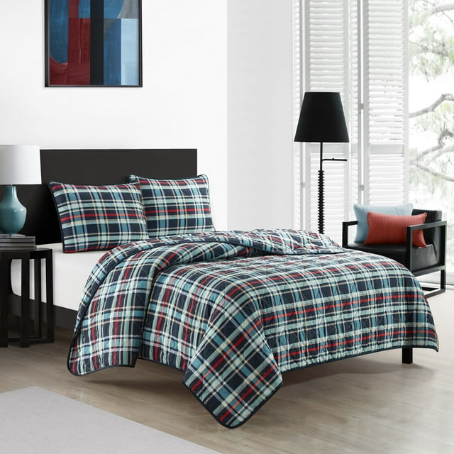 Dearfoams 3Piece Blue, Red and Gray Plaid Quilt Set for Teens Adults