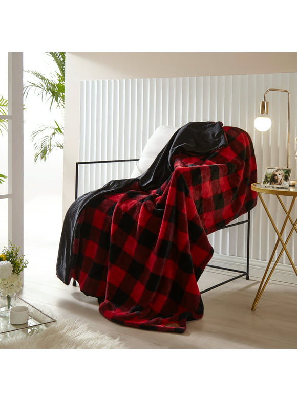Dearfoams Red Buffalo Check Faux Fur with Micromink Reverse Throw, Red/Black, 50 in x 60 in
