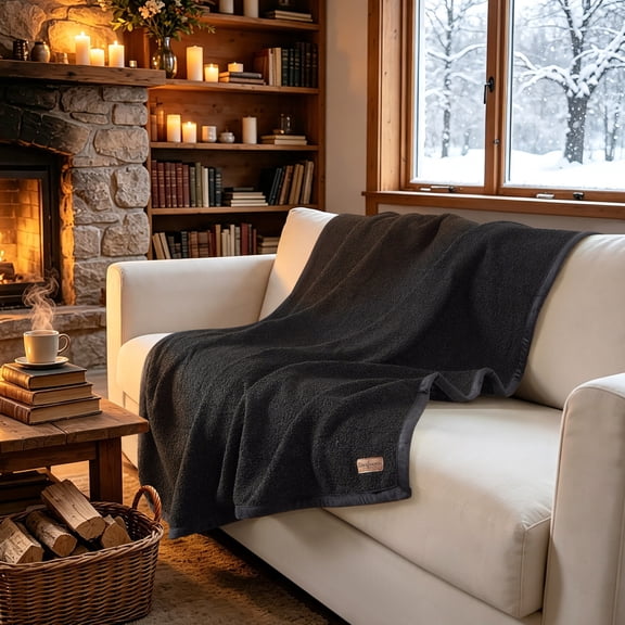 Dearfoams Reversible Cozy Teddy Oversized Couch Throw Blanket, Black, 50 x 70 in