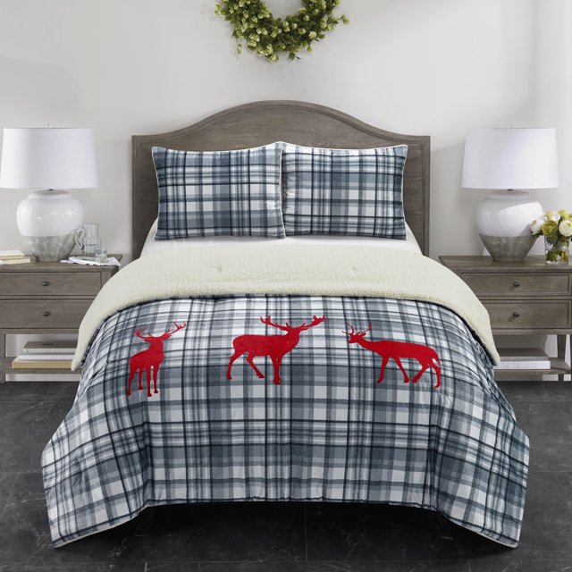 Dearfoams Stone Lane 3 Piece Reversible Comforter Set, Plaid, Full