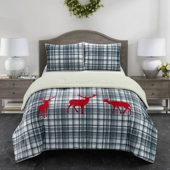 Dearfoams Stone Lane 3 Piece Reversible Comforter Set, Plaid, King, Gray, Polyfill
