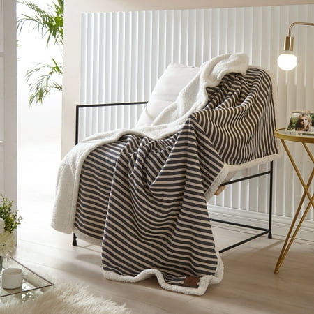 Dearfoams Navy Striped Cotton with Solid Sherpa Reverse Throw, Polyester, 50 in x 60 in