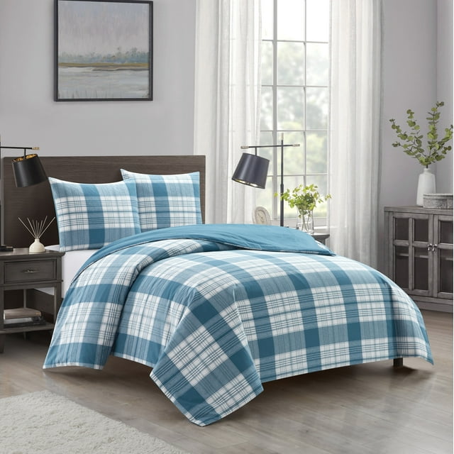 Dearfoams Super Soft 3-Piece Blue Plaid 100% Polyester Fill Comforter Set, Full/Queen