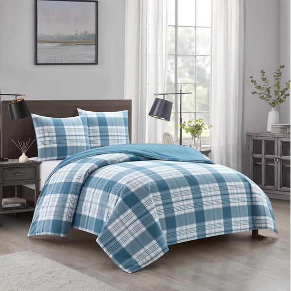 Dearfoams Super Soft 3-Piece Blue Plaid 100% Polyester Fill Comforter Set, King