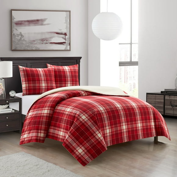 Dearfoams Super Soft 3-Piece Red Plaid 100% Polyester Fill Comforter Set, Full/Queen