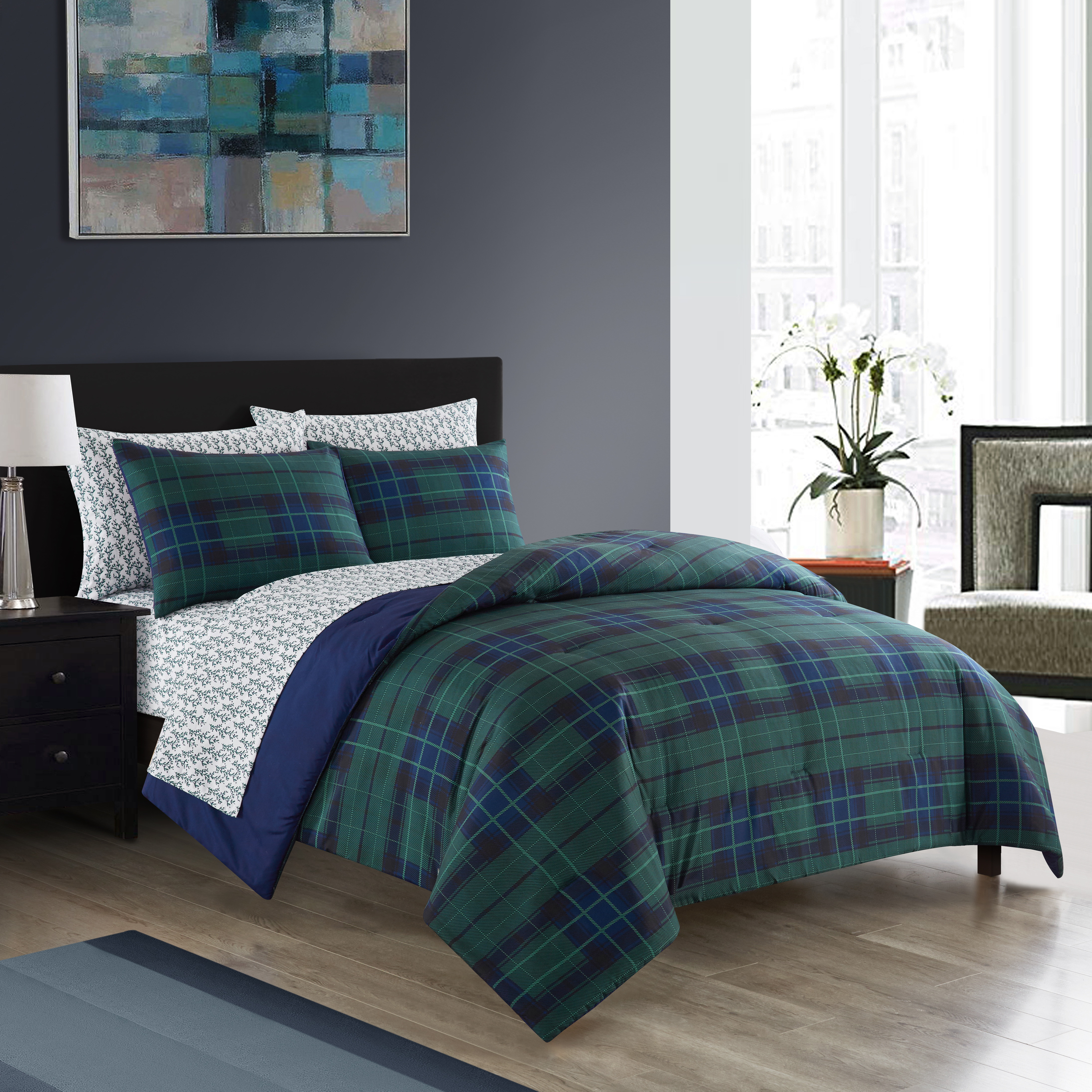 Dearfoams Super Soft 7-Piece Blue Tartan Plaid Bed in a Bag Bedding Set, King - image 1 of 4