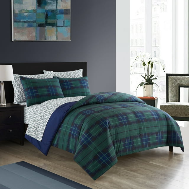 Dearfoams Super Soft 7-Piece Blue Tartan Plaid Bed in a Bag Bedding Set, King