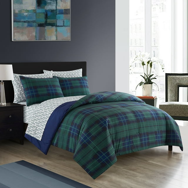 Dearfoams Super Soft 7-Piece Blue Tartan Plaid Bed in a Bag Bedding Set, Queen