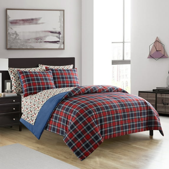 Dearfoams Super Soft 7-Piece Red Tartan Plaid Bed in a Bag Bedding Set, King