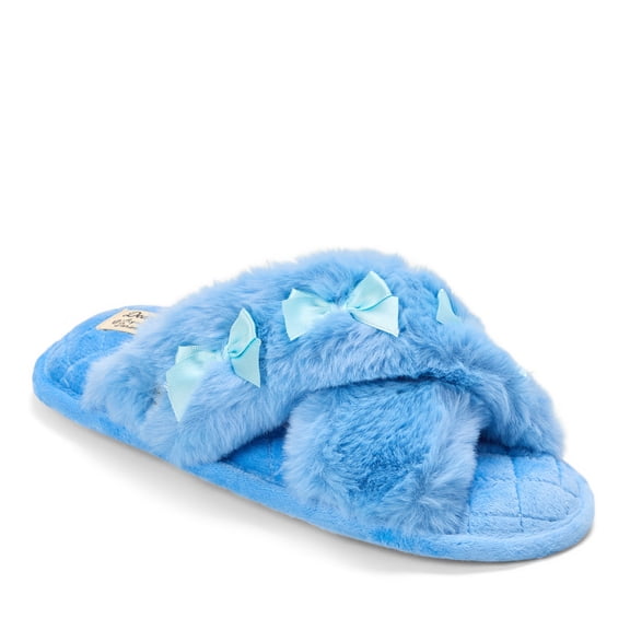 Dearfoams Women's Jessica Bows Furry Crossband Slide Slipper