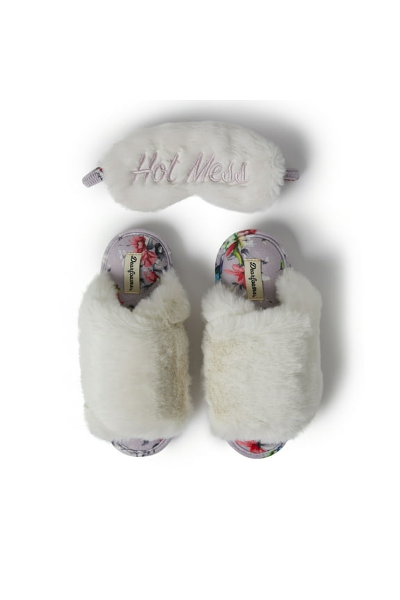 Women's Louise Fuzzy Cross Band Slide Slipper with Eyemask Gift Set