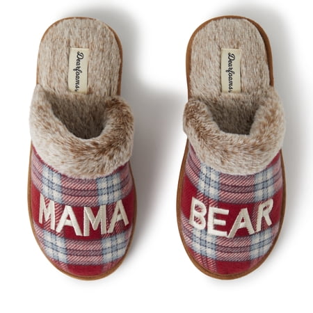 Dearfoams Women's Mama Bear Red Plaid Mom Scuff Slipper
