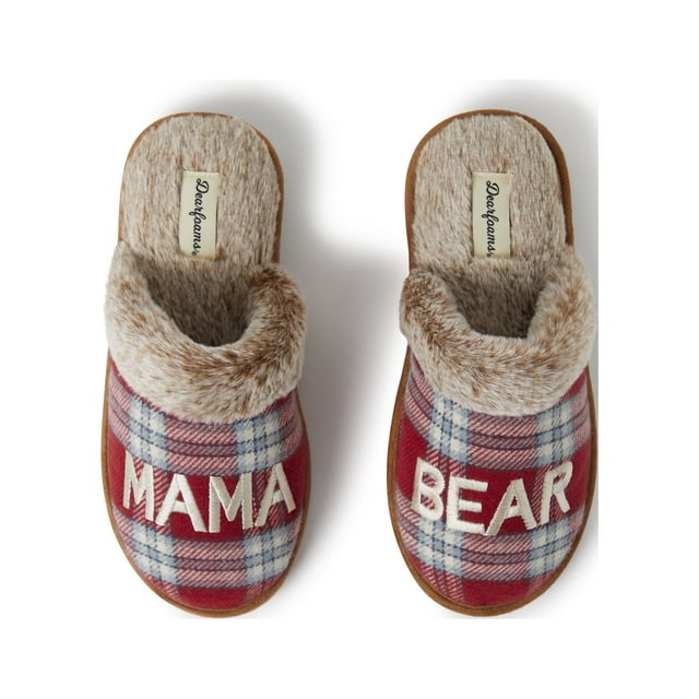 Dearfoams Women's Mama Bear Red Plaid Scuff Slippers