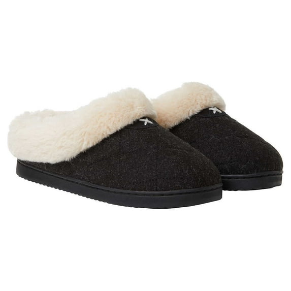Dearfoams Women's Memory Foam House Slippers Quilted Pattern and Faux Fur House Shoes (Black, 5-6)