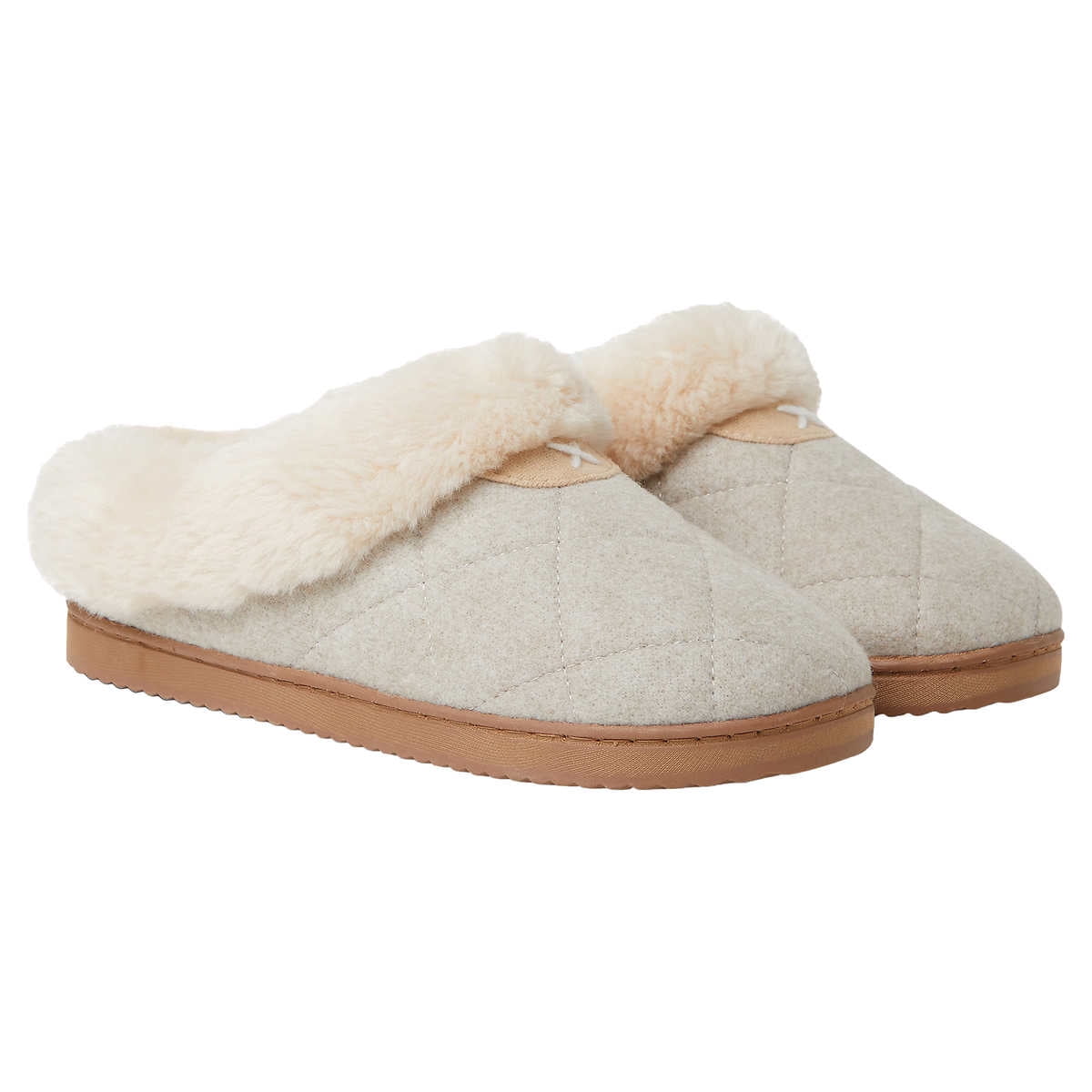 Dearfoams Women s Memory Foam House Slippers Quilted Pattern and Faux Fur House Shoes Oatmeal Heather 11 12