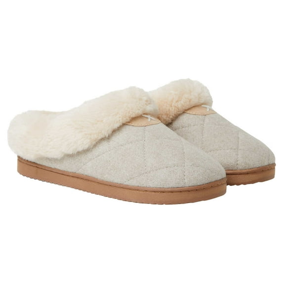 Dearfoams Women's Memory Foam House Slippers Quilted Pattern and Faux Fur House Shoes (Oatmeal Heather, 9-10)