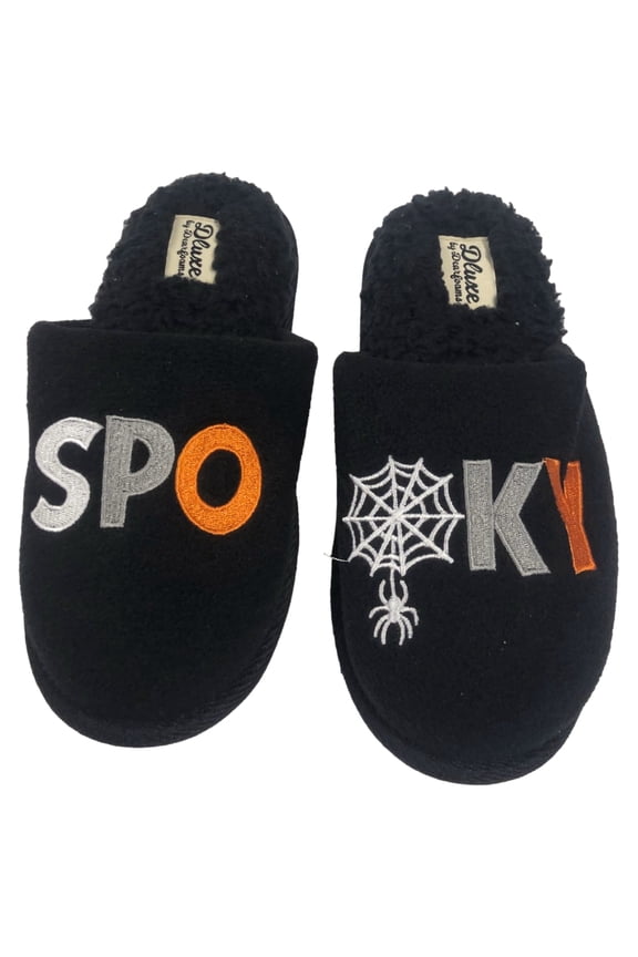 Womens Black Spooky Halloween Slippers Scuffs 5-6