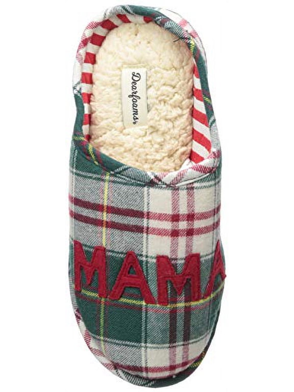 Womens Green Christmas Plaid Mama Elf Holiday Slippers XL (11-12)