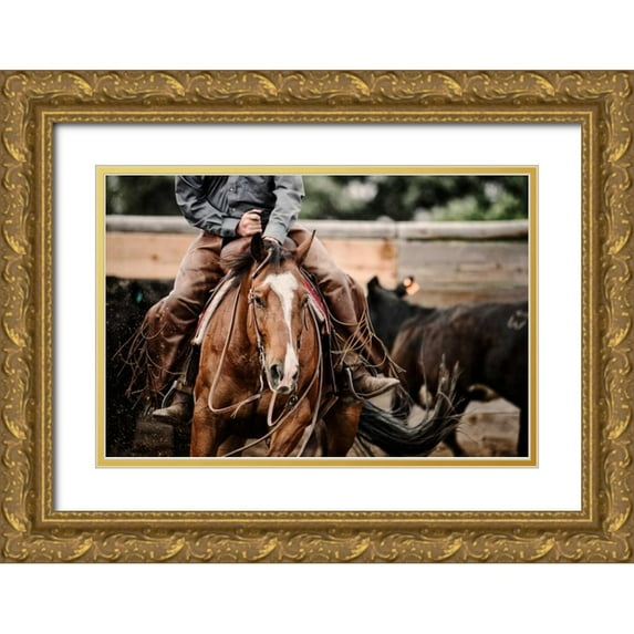 Dearing, Lisa 14x11 Gold Ornate Wood Framed with Double Matting Museum Art Print Titled - Cutting Horse