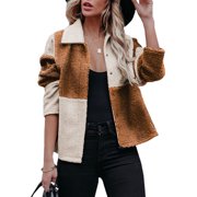 Dearlove Women's Color Block Button Down Sherpa Jackets Lapel Long Sleeve Warm Fleece Shacket Jacket Outwear S-2XL