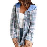 Dearlove Womens Plaid Hooded Jackets Button Down Shackets Blouse Color Block Long Sleeve Fall Jacket for Women Blue M