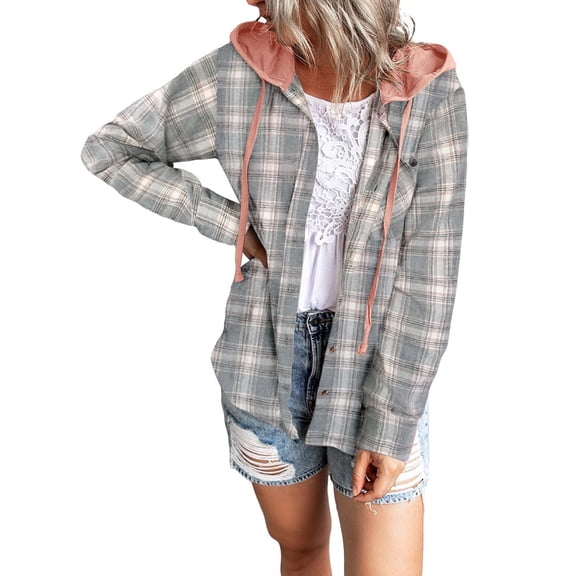 Dearlove Womens Plaid Hooded Jackets Button Down Shackets Blouse Color Block Long Sleeve Fall Jacket for Women Khaki M