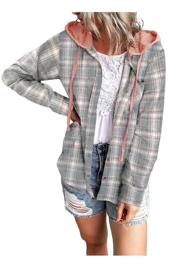 Womens Plaid Hooded Jackets Button Down Shackets Blouse Color Block Long Sleeve Fall Jacket for Women Khaki M
