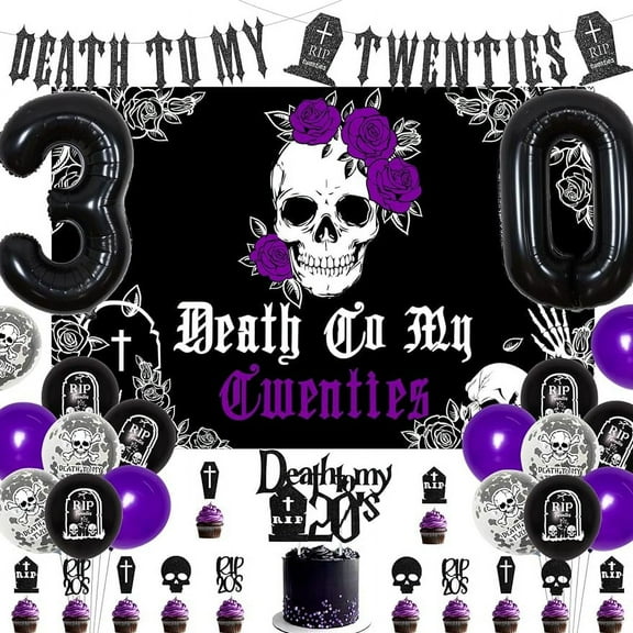 Death to My 20s 30 Birthday Decorations, Rip to My 20s Birthday Decorations, Black and Purple Balloons, Number 30 Balloon, Death to My 20s Banner Cake Topper Backdrop, Cupcake Toppers