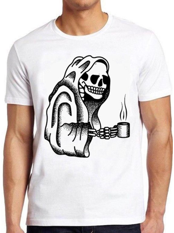 Death Before Decaf Skeleton Funny Meme Gift Tee Gamer Cult Movie T Shirt 743