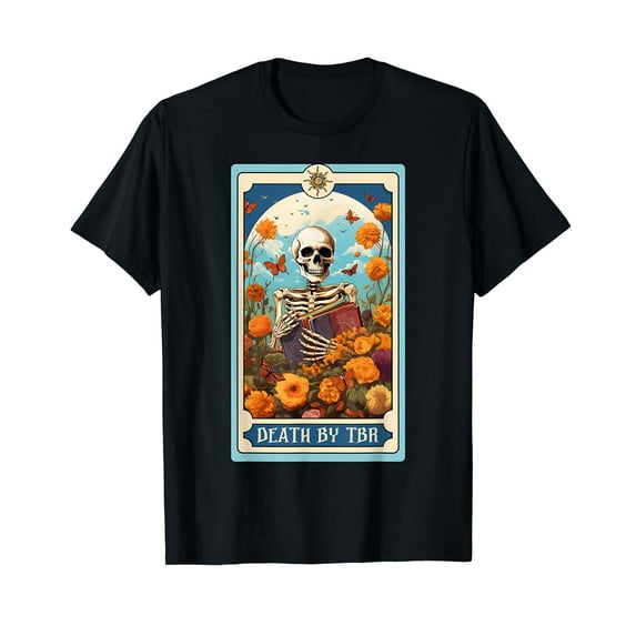 Death By TBR Tarot Halloween Bookish Floral Skeleton T-Shirt