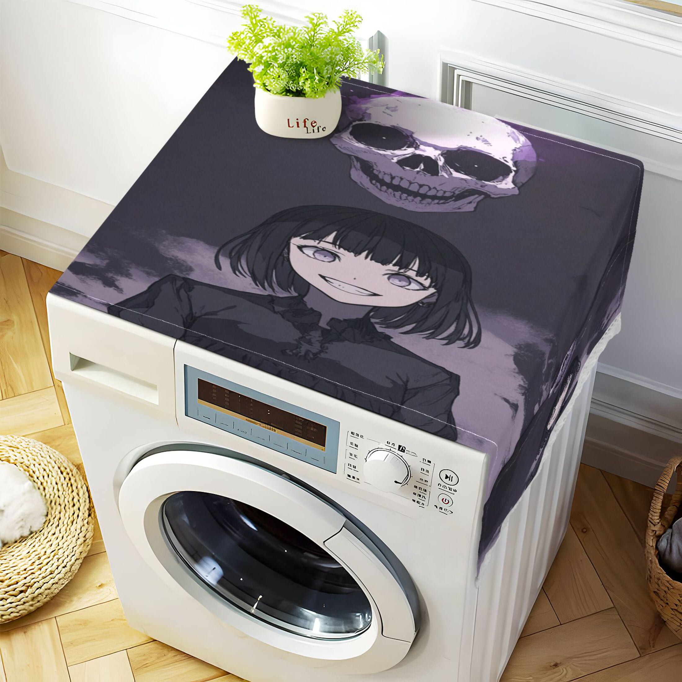 Death GirlWasher and Dryer Covers Dust-Proof and Oil Resistant Fridge Cover with 4 Storage Pockets Washing Machine Top Cover for Laundry Kitchen Home 51.2 x 22 In