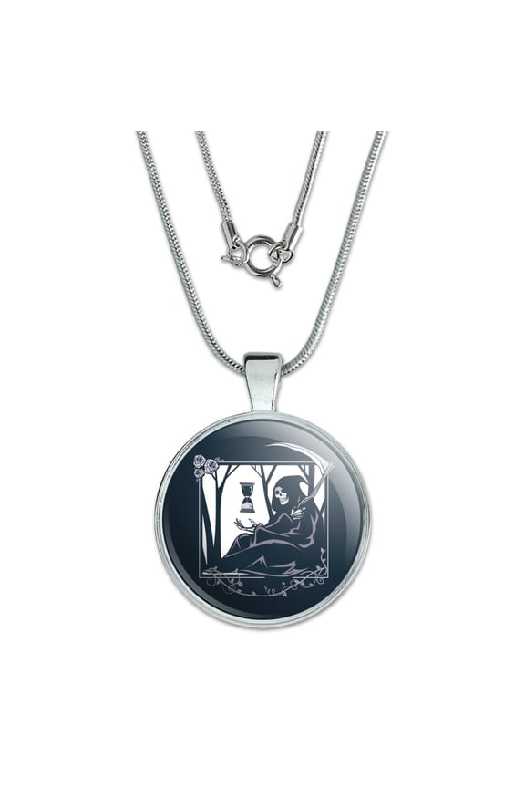 Death Grim Reaper Waiting With Hourglass 1" Pendant with Sterling Silver Plated Chain