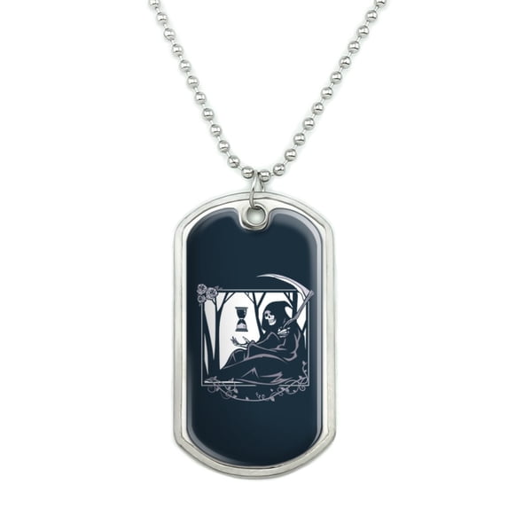 Death Grim Reaper Waiting With Hourglass Military Dog Tag Pendant Necklace with Chain