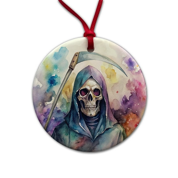 Death Grim Reaper Watercolor Halloween Christmas Tree Holiday Round Ceramic Ornament